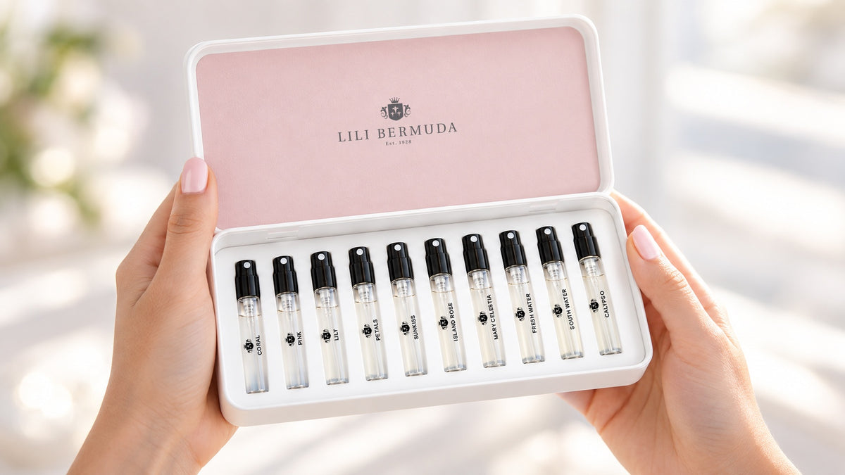 An open Lili Bermuda Fragrance Library held in two hands.